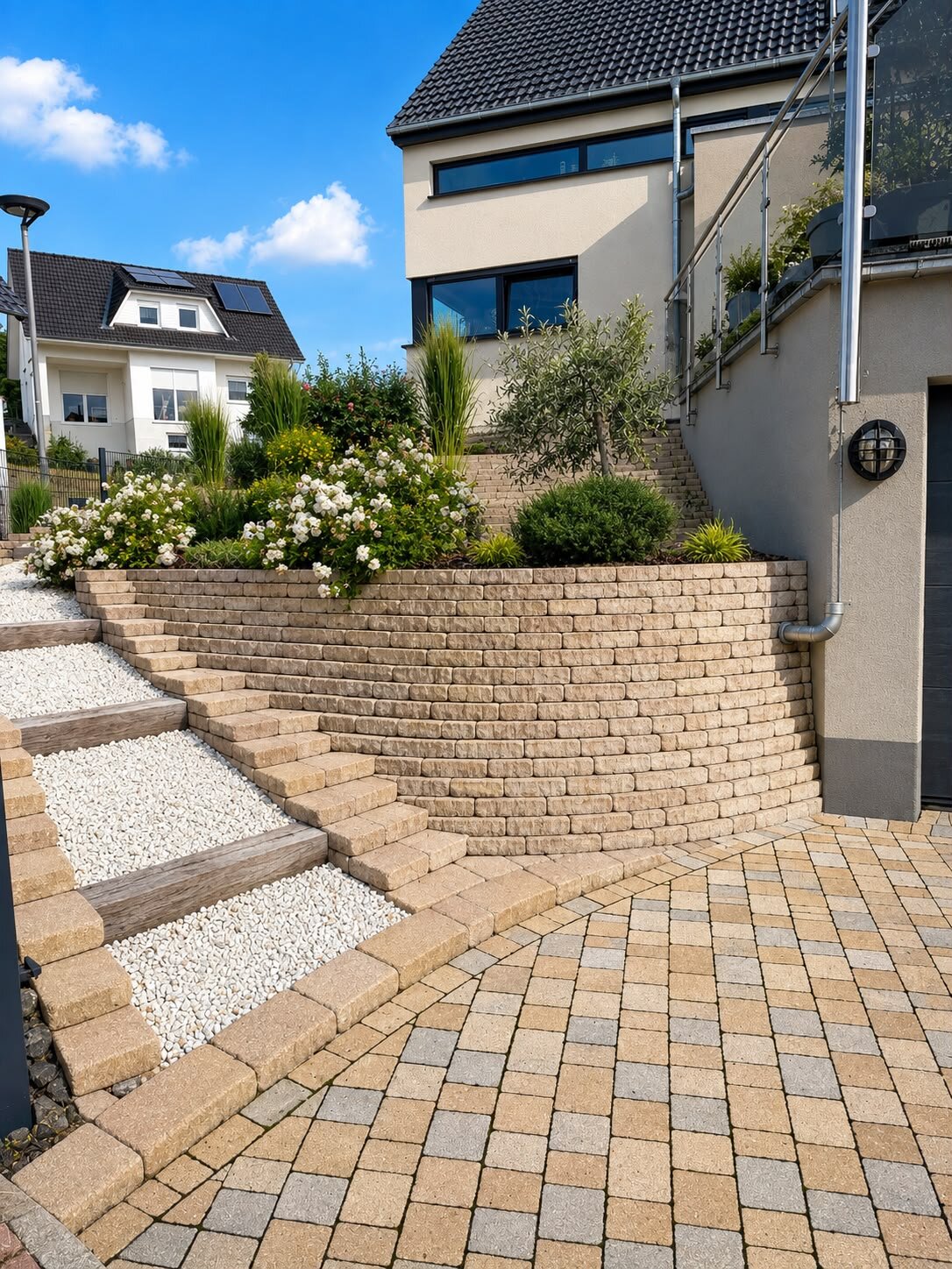 Stützmauer mit Blockstufentreppe und Zierkies